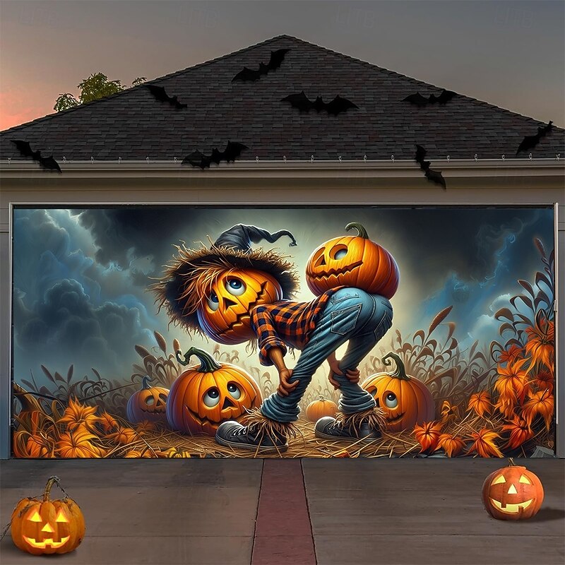 Halloween Garage Door Cover Scary Scarecrow with Pumpkins Haunted Field Banner, Creepy Horror Scene Backdrop Tapestry for Outdoor Wall Fence Yard Decoration Halloween Party