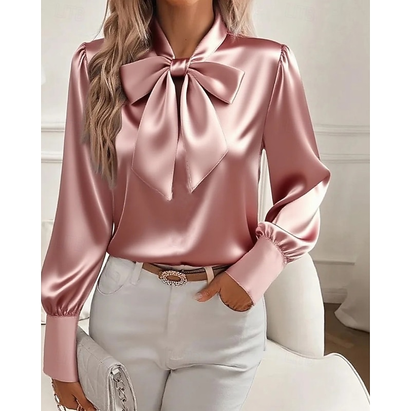 Women's Shirt Elegant Dressy Satin Plain Elegant Stylish Long Sleeve V Neck Regular Tops Work Holiday Going out Bow Black White Pink Khaki Spring Fall3