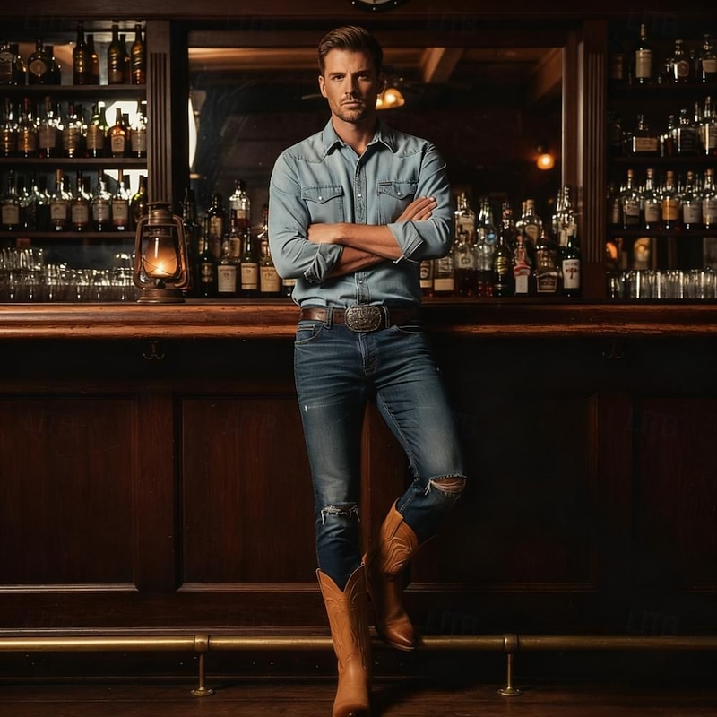 Men's Brown Faux Leather Western Cowboy Boots with Classic Embroidery - Durable and Stylish Rodeo Boots for Country and Outdoor Wear4