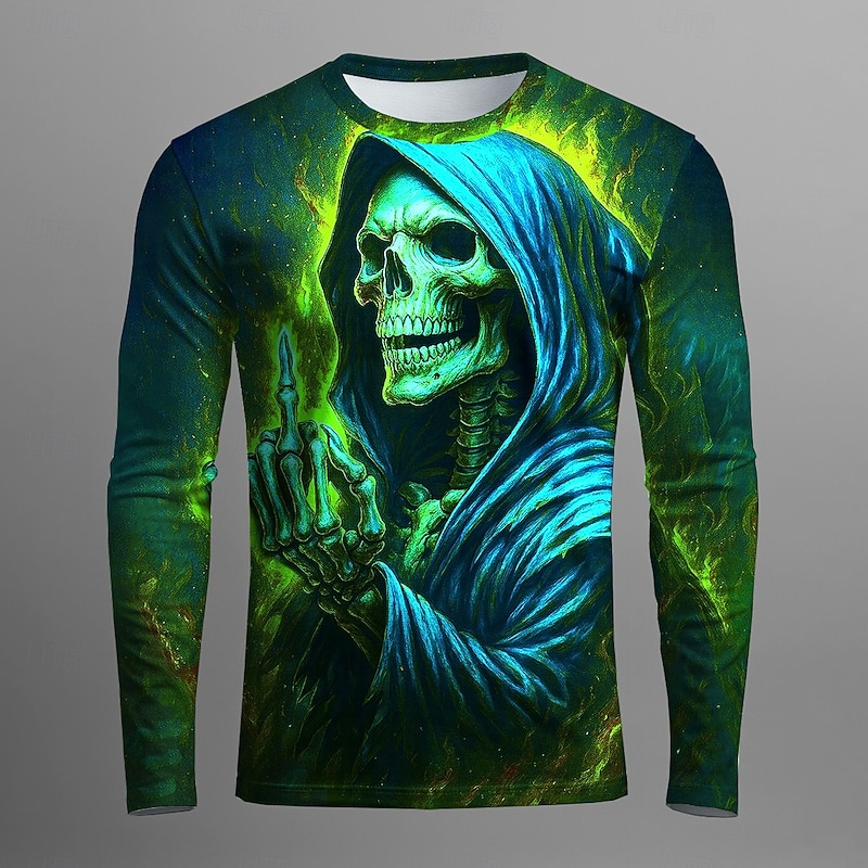 Halloween Men's Grim Reaper Skeleton T Shirt Long Sleeve T shirt 3D Print Crew Neck Shirt Fashion Exaggerated Street Casual Daily Black Yellow Blue Summer Spring Fall Clothing Apparel S M L XL XXL4