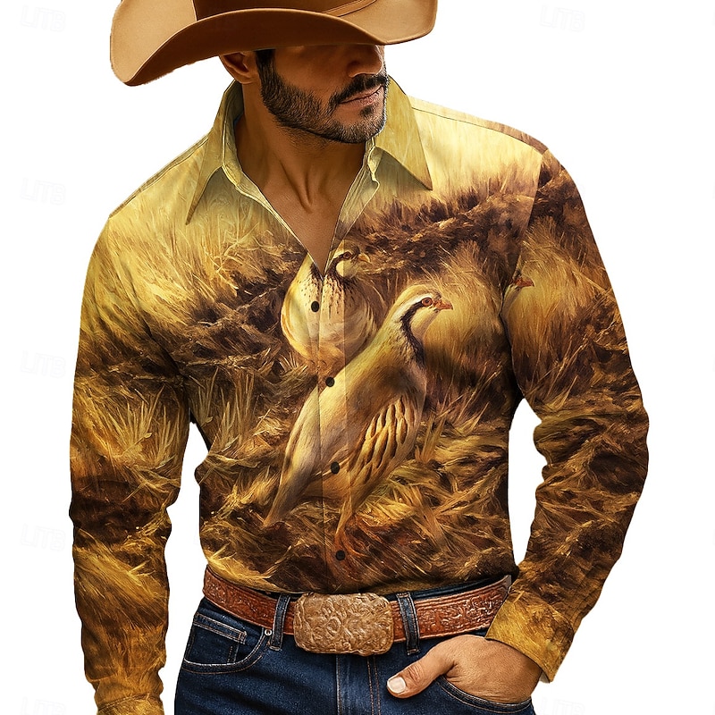 Men's Bird Wildlife Shirt Western Shirt Button Up Shirt Long Sleeve Vintage Retro Outdoor Casual WorkWear Spring Fall Turndown 3D Print Collared Shirts Blue Green Khaki2