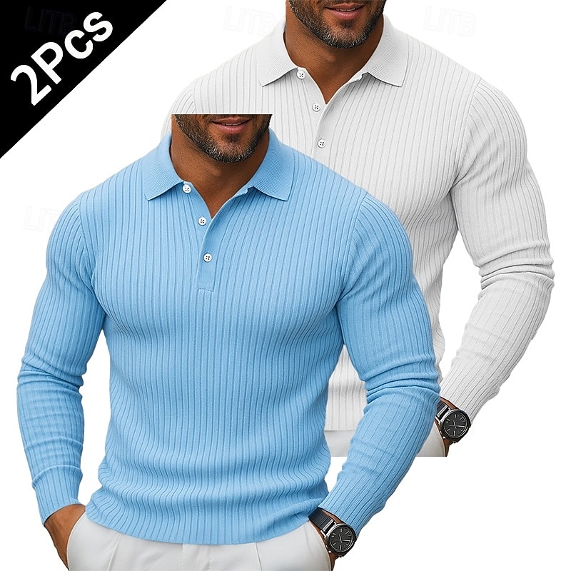 Men's Rib Knit Top Golf Polos Shirts Street Casual Lapel Long Sleeve Basic Modern Plain 2 Piece Buttons Spring Fall All Seasons Slim Fit Gray / Navy Gray / White Blue + White Blue + Gray Blue + Navy