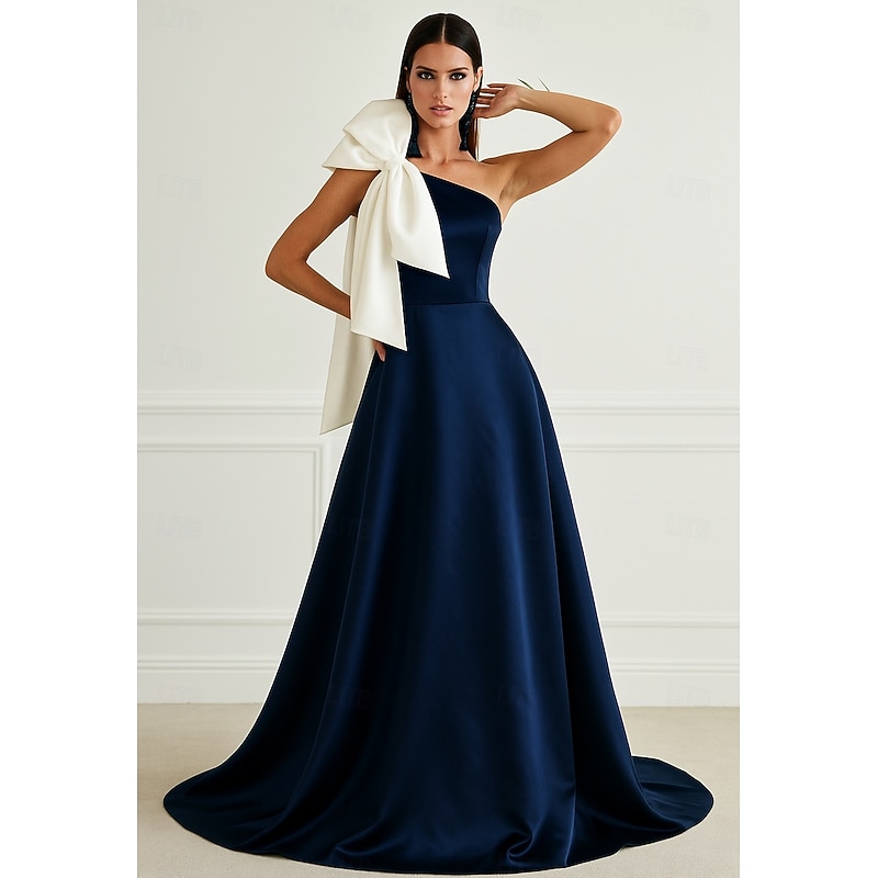 A-Line Evening Gown Elegant Formal Dress Formal Wedding Floor Length Sleeveless One Shoulder Pocket Satin with Glitter Bow(s) 2025