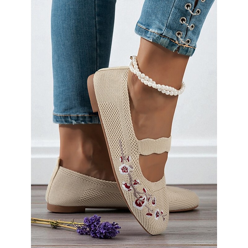 Women's Beige Flyknit Mary Jane Flats with Floral Embroidered, Casual Breathable Slip-On Shoes for Work, Travel and Daily Wear3