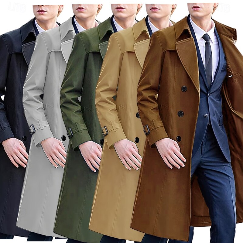 Men Overcoat Peacoat Long Trench Coat Trench Coat Formal Casual Fall Winter Polyester Outerwear Clothing Apparel Classic Plain
