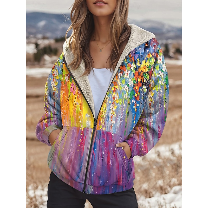 Women's Zip Up Hoodies Floral Fashion Casual Long Sleeve Hooded Regular Tops Dailywear Zipper Pocket Print Yellow Pink Blue Purple Fall Winter2