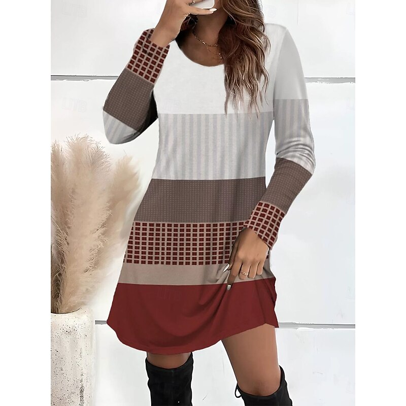 Women's Mini Dress T Shirt Dress Tee Dress Sundress A Line Dress Casual Daily Going out Regular Fit Graphic Geometric Long Sleeve Crew Neck Pink Red Green Fall Winter3