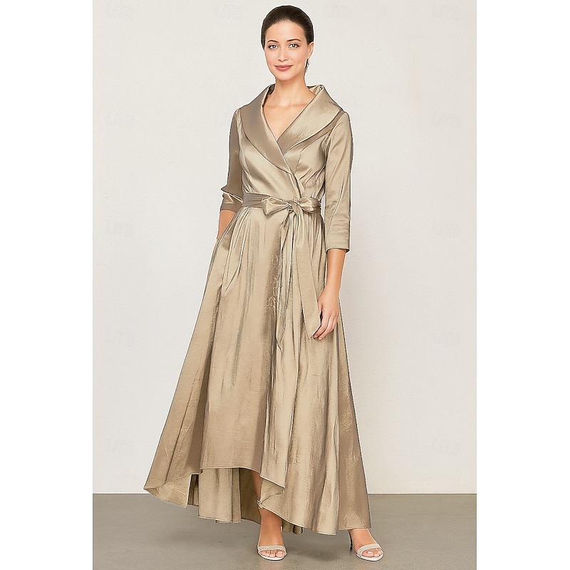 Tuxedo Dress A-Line Formal Wedding Wedding Guest Satin Elegant Vintage 3/4 Sleeve Pleated Ankle Length Shawl Lapel3