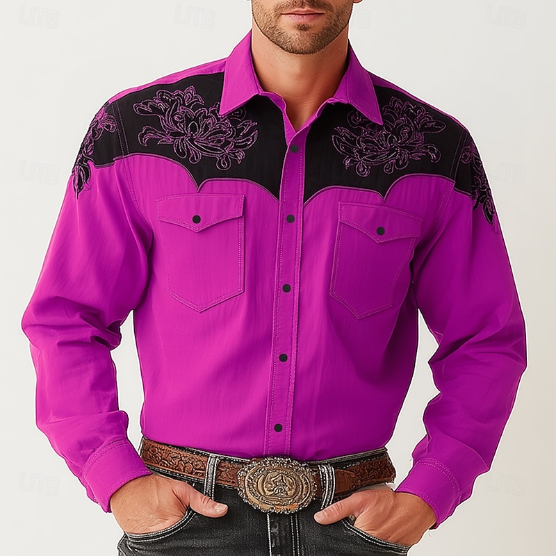 Men's Floral Print Ethnic Flowers Shirt Western Shirt Cowboy Shirt Long Sleeve Vintage Retro Outdoor Casual WorkWear Spring Fall Turndown Front Two Pockets Linen Like Shirt Button Up Shirts Yellow4