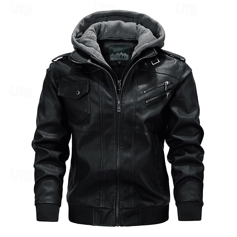 Men's Faux Leather Jacket Biker Jacket Motorcycle Jacket Vacation Daily Windproof Warm Pocket Fall Winter Plain Fashion Classic Hooded Regular Black Coffee Jacket3