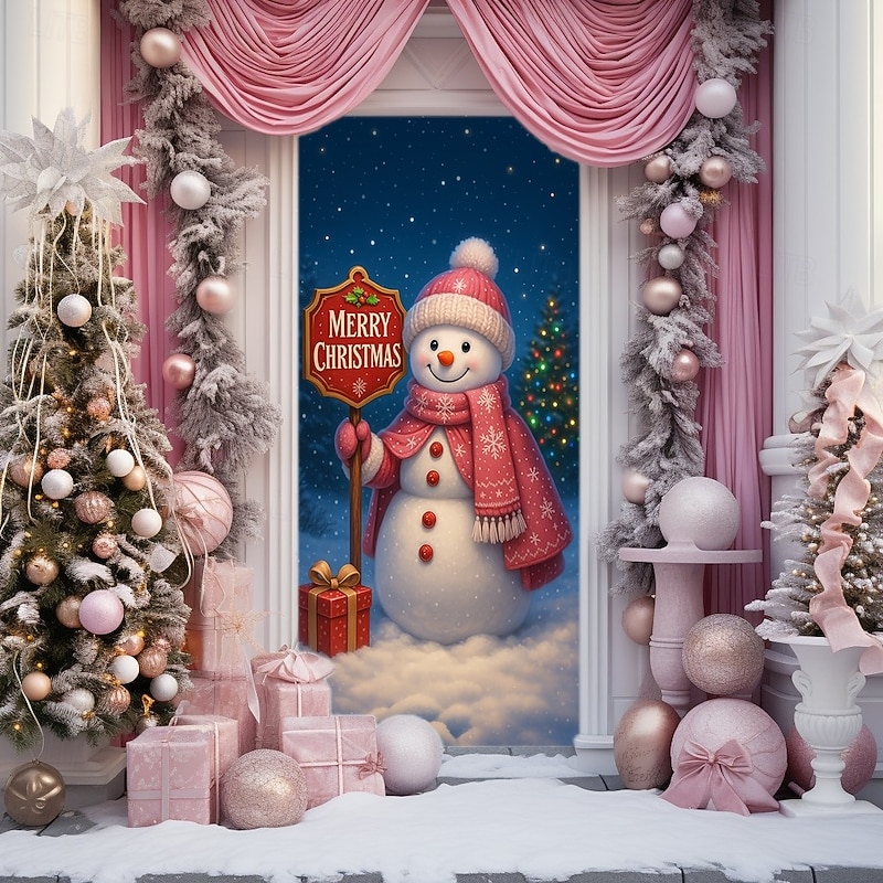 Christmas Door Cover, Cute Snowman with Gift and Snowy Background Holiday Backdrop Door Curtain for 2025 Xmas Party and Home Winter Decorations2