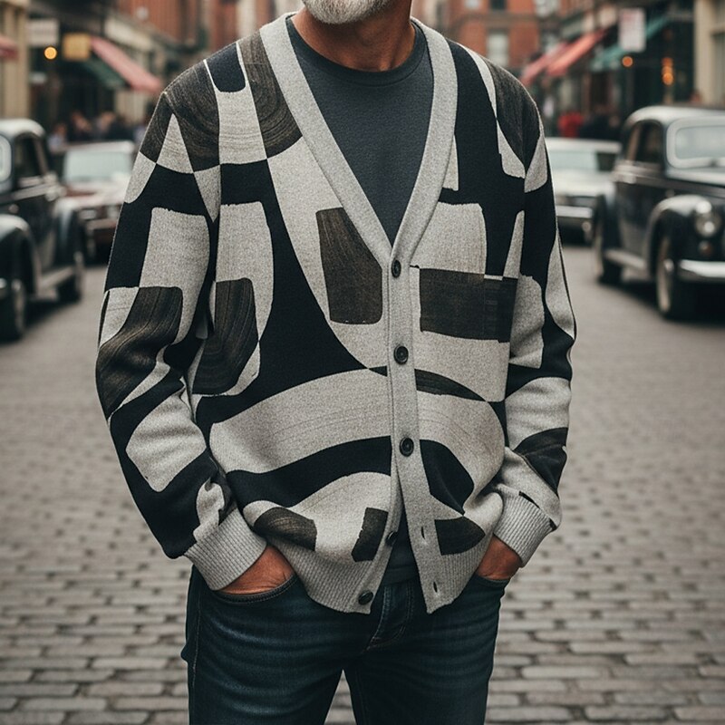 Christmas Men's Geometic Plaid / Striped / Chevron / Round Sweater Cardigan Sweater V Neck Retro Vintage Casual Outdoor Home Party Buckle Long Sleeve Fall Winter Khaki Grey4