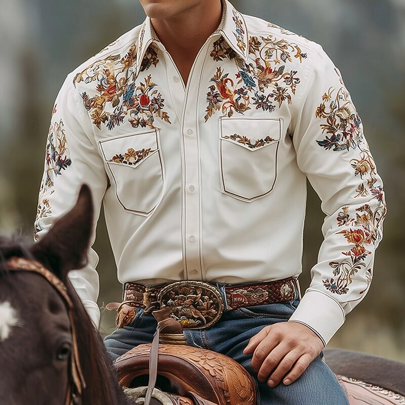 Men's Floral Print Flowers Shirt Western Shirt Cowboy Shirt Long Sleeve Vintage Retro Outdoor Casual WorkWear Spring Fall Turndown Front Two Pockets Linen Like Shirt Button Up Shirts Pink Blue Purple - Main Image