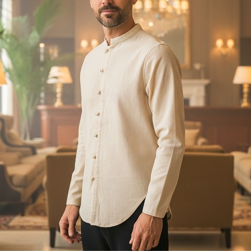 Men's Shirt Linen Shirt Chinese Collar Shirt Mandarin Collar Shirt Casual Shirt Cotton Linen Shirt Plain Vacation Casual Black White Pink Wine Long Sleeve Grandad Collar Spring & Summer Clothing2