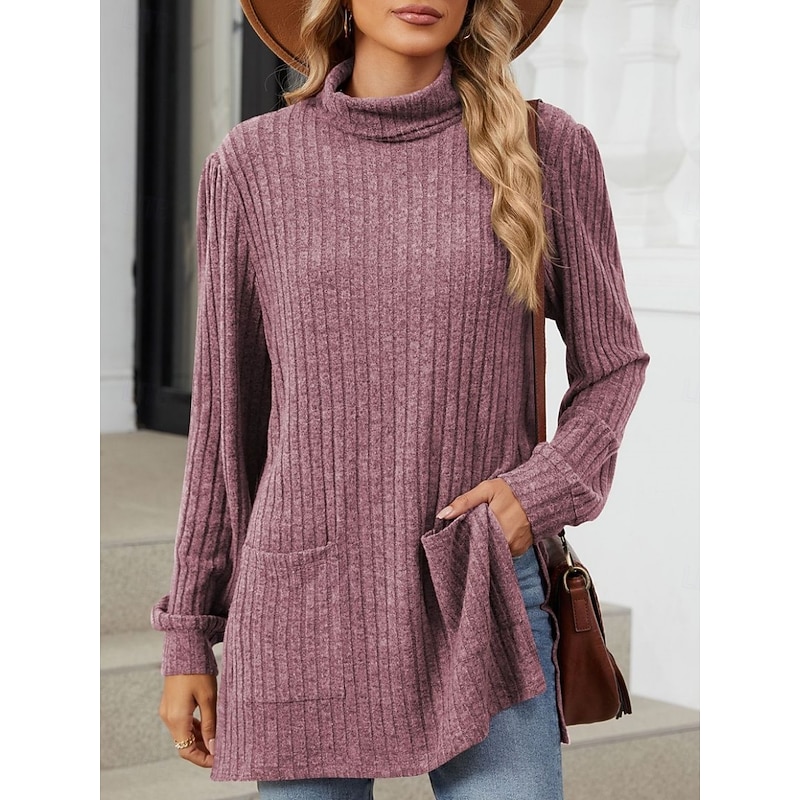 Women's Blouse Solid Color Stylish Casual Long Sleeve High Neck Long Tops Daily Pocket Black Red Blue Khaki Gray Spring Fall Winter3