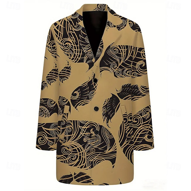 Men's Trees / Leaves Plant Overcoat Coat Thermal Warm Casual Business Daily 3D Print Buttons Front Pocket Spring Fall Winter Notch Long Sleeve Brown2