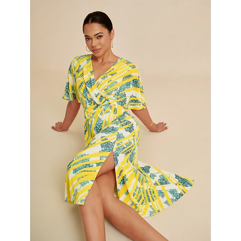 Women's Midi Dress Batwing Sleeve Stretch Bold Print Elegant Versatile Casual Daily Spring Summer Fall4