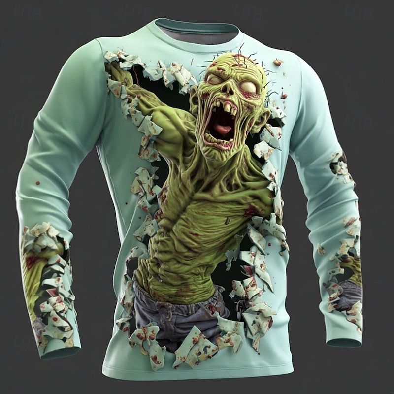 Halloween Men's Zombies 3D T Shirt Long Sleeve T shirt 3D Print Crew Neck Shirt Fashion Exaggerated Street Casual Daily Green 1# Green 2# Pink Summer Spring Fall Clothing Apparel S M L XL XXL XXXL