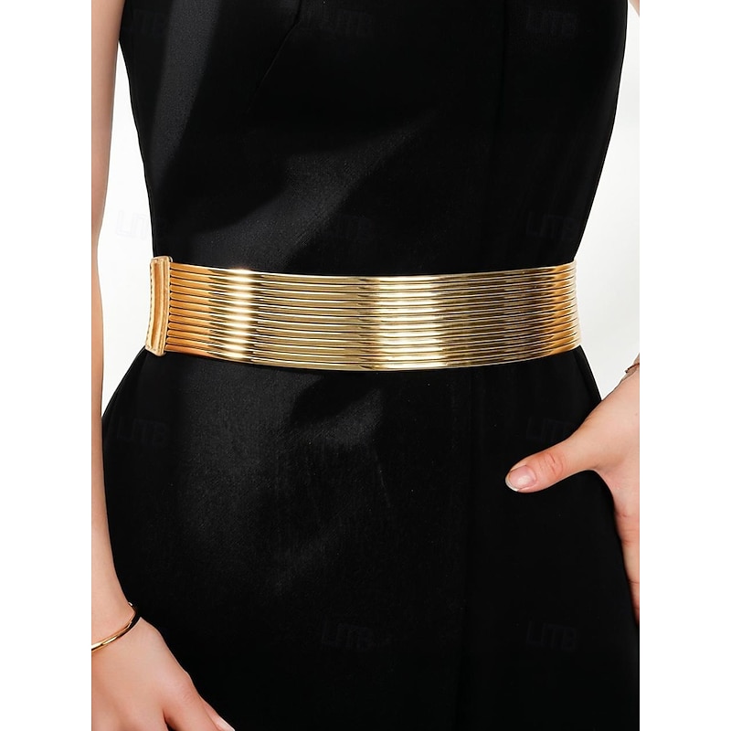 Women's Gold Silver Black Wide Metal Belt - Elastic Stretch Drawstring with Snap Closure, Fashion Accessory for Dresses, Parties and Formal Occasions