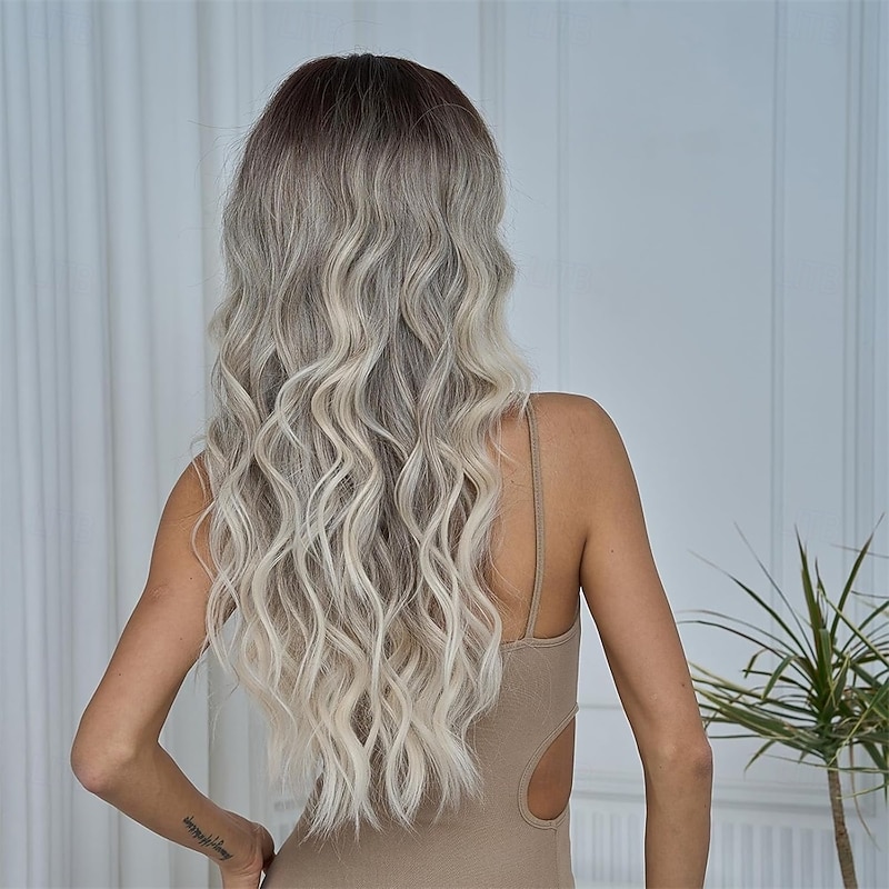 Women Long Ombre Grey Wavy Wigs with Black Root 26 Inch Wigs Natural Looking Synthetic Heat Resistant Fiber Wig for Daily Party Use2
