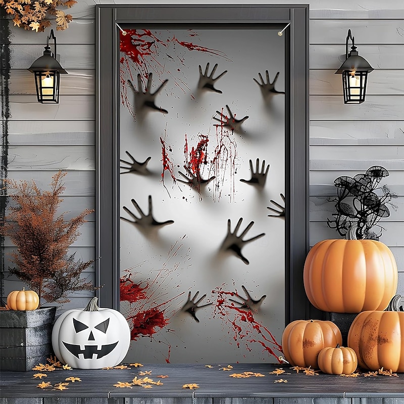 Halloween Door Cover Outdoor Banners Bloodstains Bloody Handprints 3D Dark Punk Gothic Style Party Outdoor Shooting Backgrounds Front Door Wall Porch Home Decor2