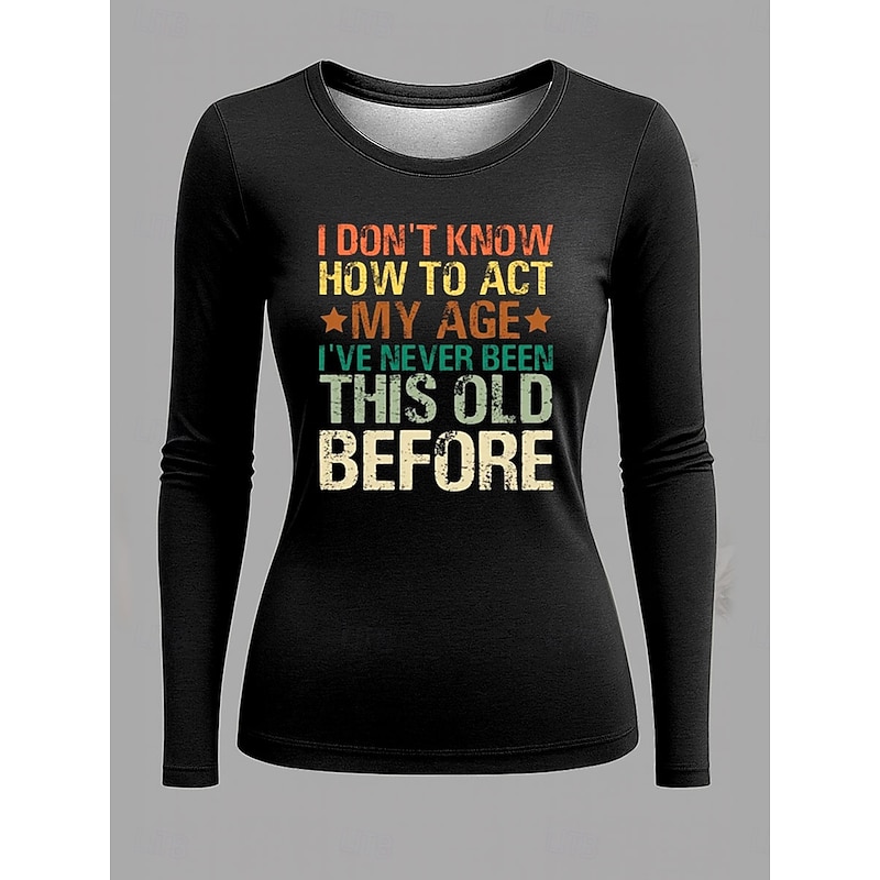 Women's T Shirt Graphic Letter Vintage Fashion Stylish Long Sleeve Crew Neck Regular Tops Daily Weekend Print Black Spring Fall