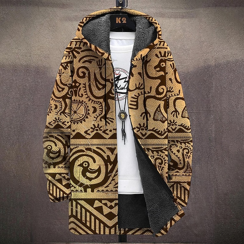 Men's Graphic Winter Coat Fleece Jacket Coat Thermal Warm Comfortable Casual Casual Daily Wear Zipper Pocket 3D Print Fall Winter Hooded Long Sleeve Brown