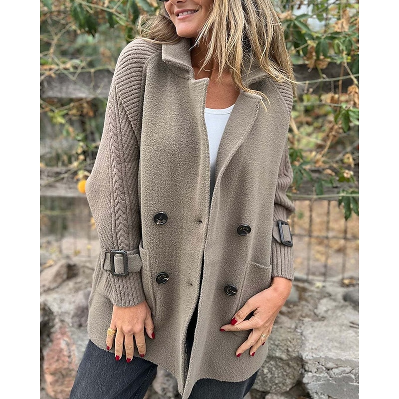 Women's Sweater Cardigan Streetwear Casual Solid Color Shirt Collar Pocket Buttons Flared sleeves Long Sleeve Long Tops Knit Daily Holiday Going out Black White Fall Winter - Main Image