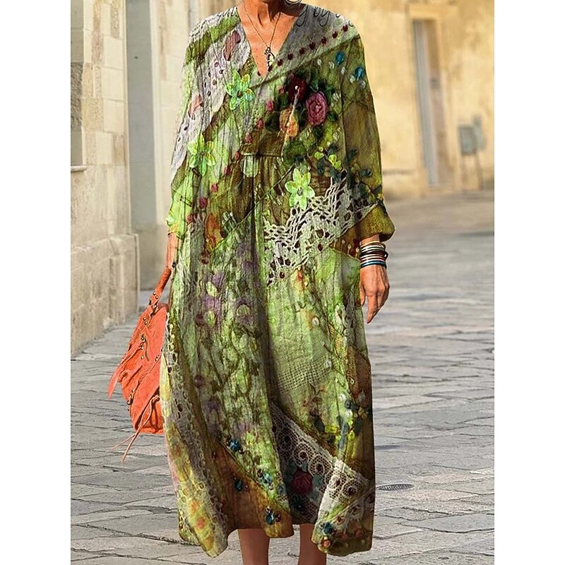 Women's Midi Dress Sundress A Line Dress Vacation Casual Boho Going out Beach Loose Fit Floral Graphic Geometric Long Sleeve V Neck Pink Light Brown Blue Green Spring Fall Winter Autumn3