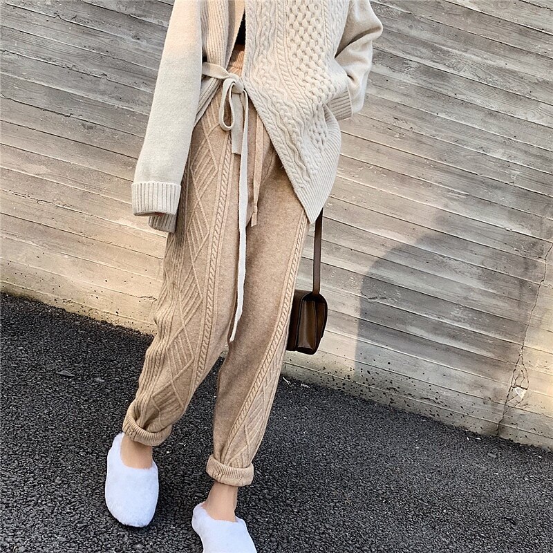 Women's Pants Trousers Tapered Carrot Pants Fashion Streetwear Full Length High Waist Plain Jacquard Elastic Waist Knitted Warm Comfortable Micro-elastic Street Daily Wear Going out Camel Black Beige3