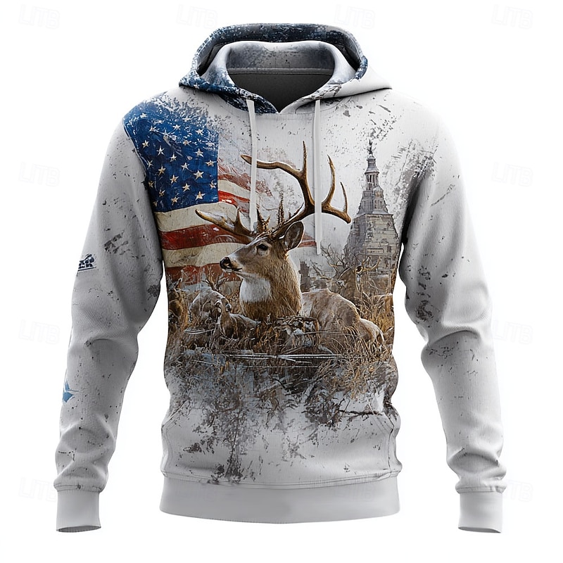 Men's Deer Hoodie Sweatshirt Fashion Classic Crew Neck Outdoor Hunting White Brown Drawstring Fall Winter Designer2