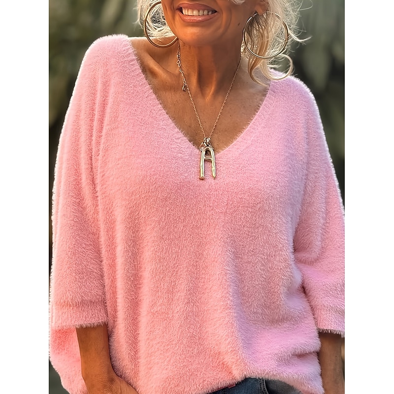 Women's Sweater Elegant Fashion Streetwear Pure Color V Neck Knitted Long Sleeve Regular Tops Knit Outdoor Daily Weekend Pink Spring Fall
