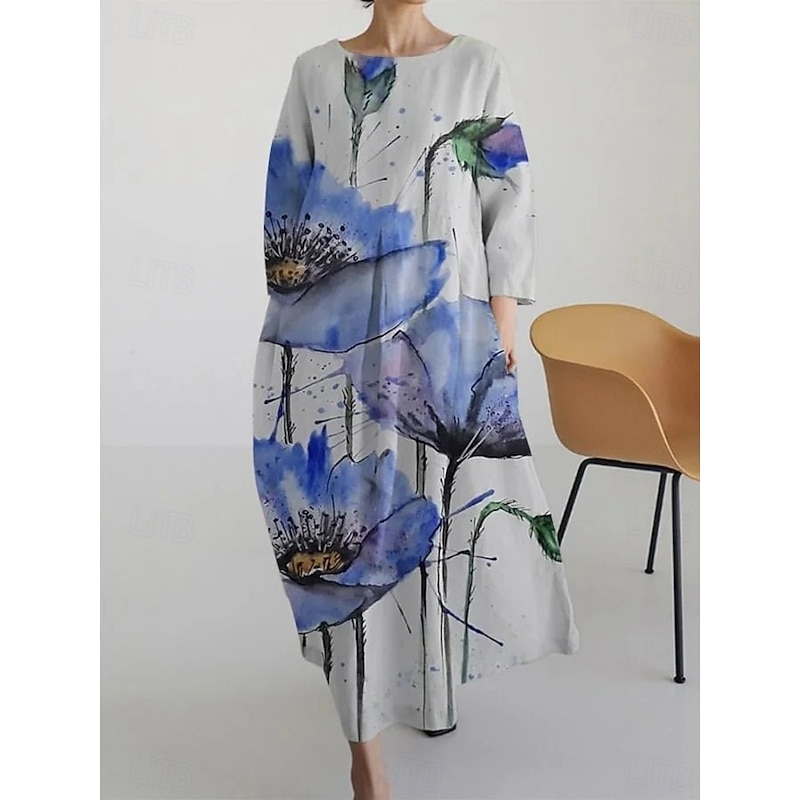 Women's Maxi Dress A Line Dress Fit And Flare Dress Party Birthday Casual Party Office Wedding Guest Loose Fit Floral Graphic Long Sleeve Crew Neck Yellow Pink Blue Green Spring Fall Winter Autumn