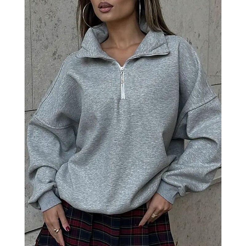 Women's Pullover Sweatshirts Zip Up Sweatshirts Plain Sports Fashion Casual Long Sleeve High Neck Regular Tops Street Dailywear Going out Half Zipper Quarter Zipper Zipper Light Grey Fall Winter3