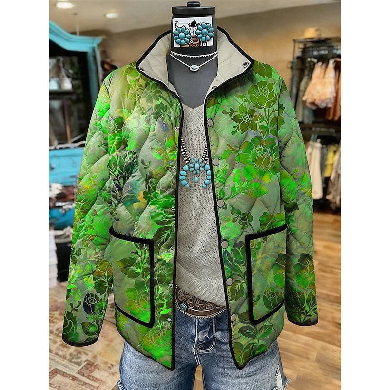 Women's Winter Jacket Quilted Jacket Warm Lightweight Print Active Vintage Artistic Boho Vintage Floral Casual Short Stand Collar Regular Fit Long Sleeve Outerwear Red Blue Purple Fall Winter4