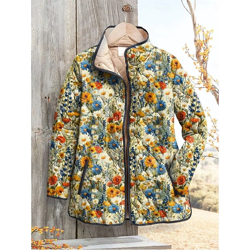 Women's Winter Jacket Puffer Jacket Warm Comfortable Pocket Buttons Print Fashion Daily Outdoor Floral Vacation Casual Daily Single Breasted Regular Stand Collar Regular Fit Long Sleeve Outerwear2
