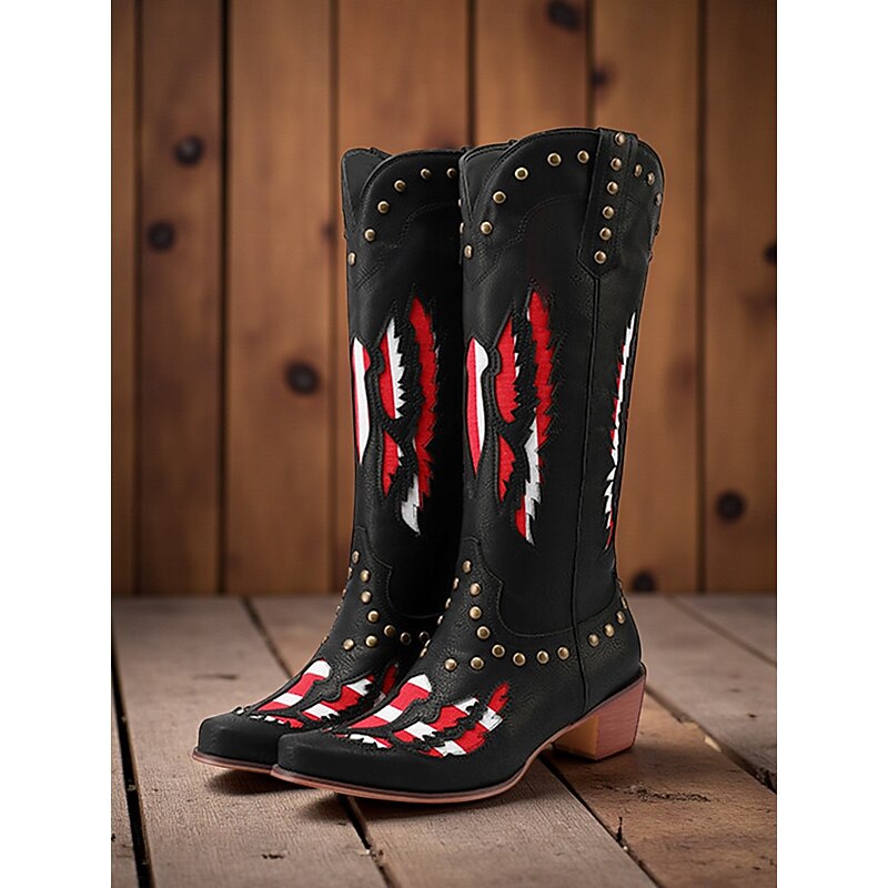 Women's Western-Style Embroidered Cowboy Boots, Black and Red Design with Stud Detailing, Perfect for Holloween Festivals, Country Concerts and Casual Outfits3