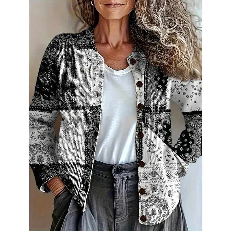 Women's Cardigan Daily Floral Graphic Paisley Ribbed Crew Neck Floral Buttons Print Long Sleeve Regular Tops Knit Outdoor Weekend Gray Fall Winter
