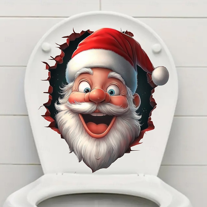 Christmas Sticker Wall Decals 3D Cartoon Creative Broken Wall Santa Claus Toilet Lid Removable Self Adhesive Vinyl Mural Bathroom Wall Decoration Holiday Party Fun Home Decor4