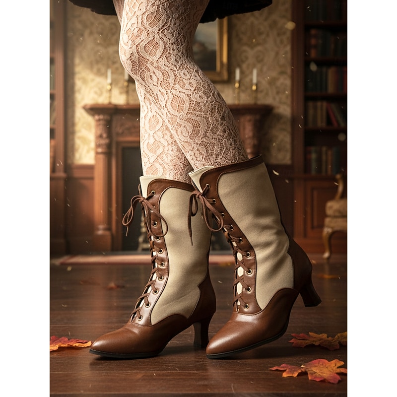 Women's 1900s Edwardian Vintage Lace-Up Ankle Boots – Two-Tone Victorian Style Heeled Costume Shoes for Historical Reenactments, Theater and Steampunk Cosplay3