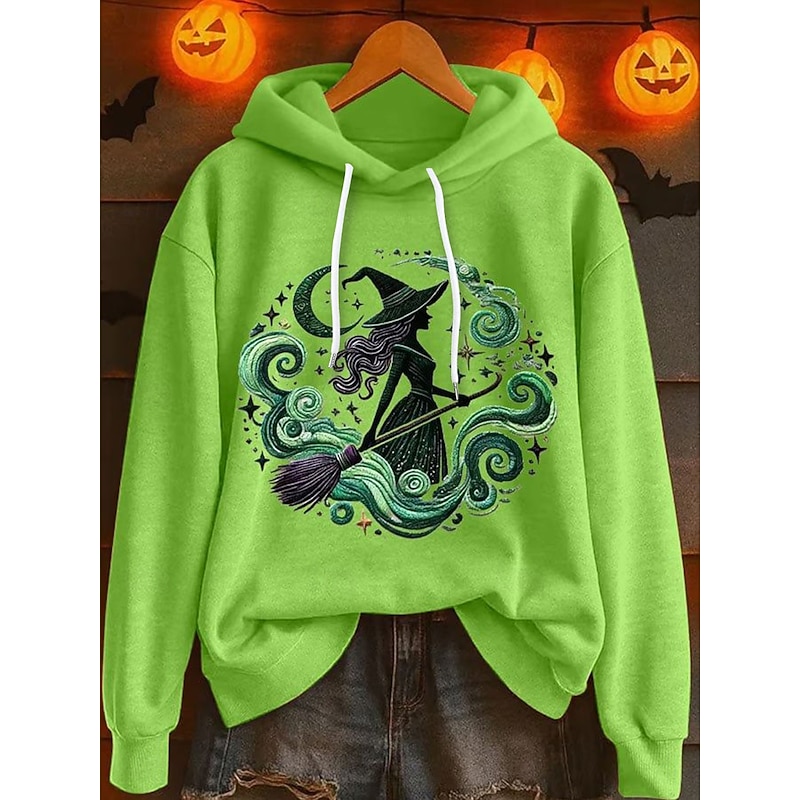 Halloween Women's Pullover Hoodie Sweatshirt Graphic Witch Vintage Fashion Western Long Sleeve Hooded Regular Tops Street Dailywear Holiday Print White Blue Orange Green Gray Fall Winter2