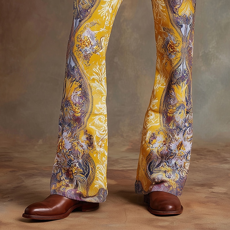 Men's Paisley Floral Print Ethnic Disco Pants 60s 70s Bell Bottoms Mid Waist Western Vintage Retro Outdoor Vacation Casual Side Pockets Flared Leg Pants Trousers Spring Fall 3D Print Yellow Blue2