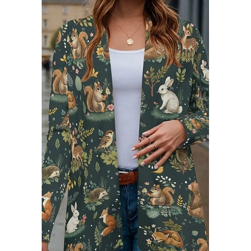 Women's Trench Coat Lightweight Comfortable Print Vintage Fashion Casual Animal Casual Regular Collarless Regular Fit Long Sleeve Outerwear White Green Rainbow Spring Fall4