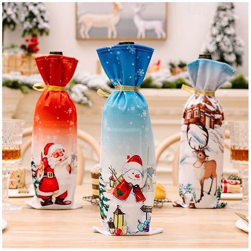 3 Pack Christmas Wine Bottle Covers, Santa Claus Champagne Bags, Soft Fabric Holiday Wine Bottle Holders, Xmas Party Table Decorations, Reusable Gift Wrapping Accessories4