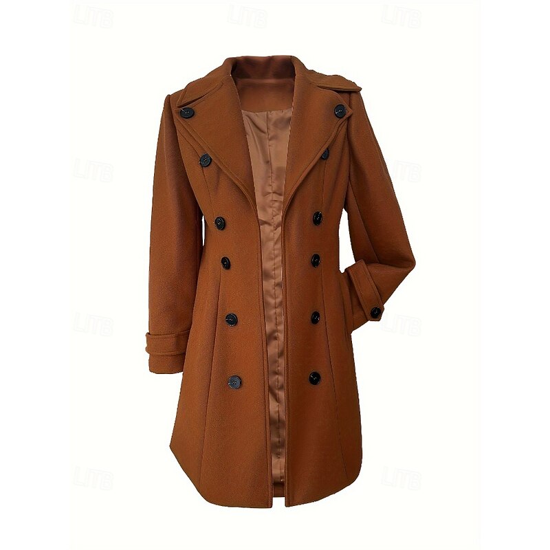 Women's Coat Pea Coat Warm Comfortable Pocket Buttons Elegant Plain Outdoor Going out Weekend Long Turndown Regular Fit Long Sleeve Outerwear Brown Fall Winter2