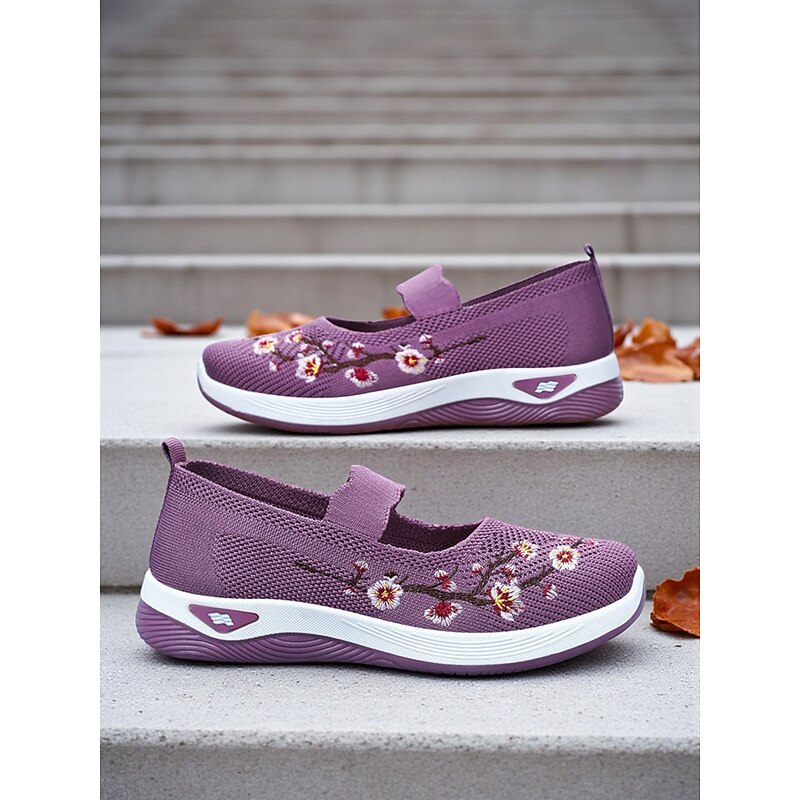 Women's Purple Flyknit Mary Jane Sneakers with Floral Embroidery, Lightweight Breathable Shoes for Walking and Casual Outfits4