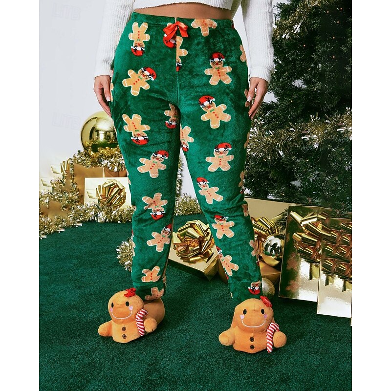 Women's Fleece Pants Chinos Vacation Vintage Streetwear Full Length Medium WaistPantsUgly Christmas Floral Elastic Waist Printing Comfortable Micro-elastic Stretchy Outdoor Vacation Home Green Summer3