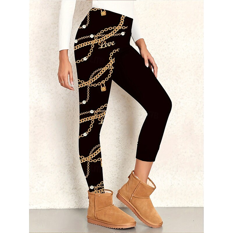 Women's Slacks Leggings Cozy Leggings Vacation Vintage Streetwear Full Length Natural Graphic Chains Print Elastic Waist Print Comfy Outdoor Comfortable Stretchy Outdoor Vacation Streetwear Black2