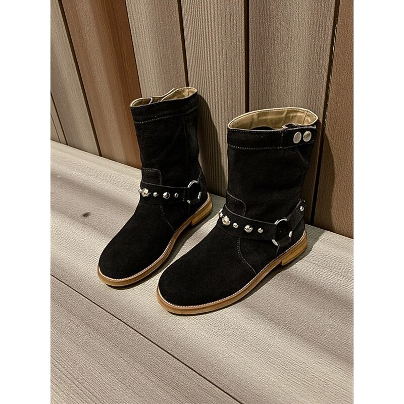 Women's Suede Ankle Boots with Ring Strap and Studded Detail Comfortable Flat Heel Shoes for Casual Outfits4