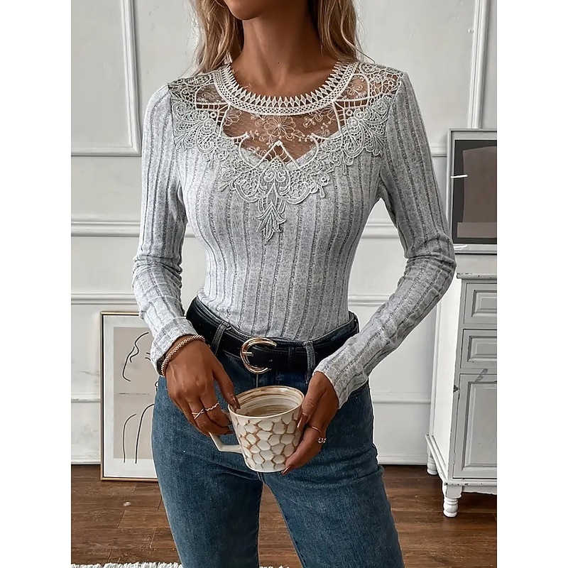 Women's Blouse Solid Color Elegant Stylish Basic Long Sleeve Crew Neck Regular Tops Daily Lace Patchwork Black White Pink Purple Gray Spring Fall Winter
